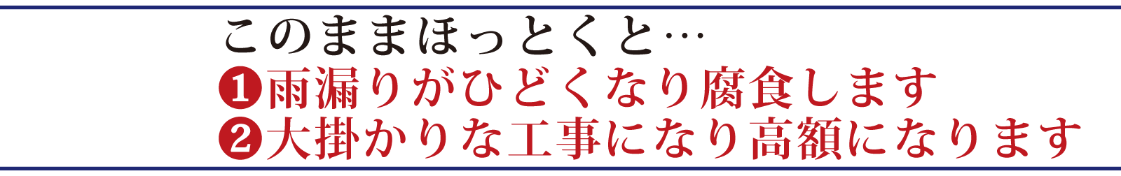 このままほってとおくと・・・①雨漏りがひどくなり腐食します②大掛かりな工事になり高額になります